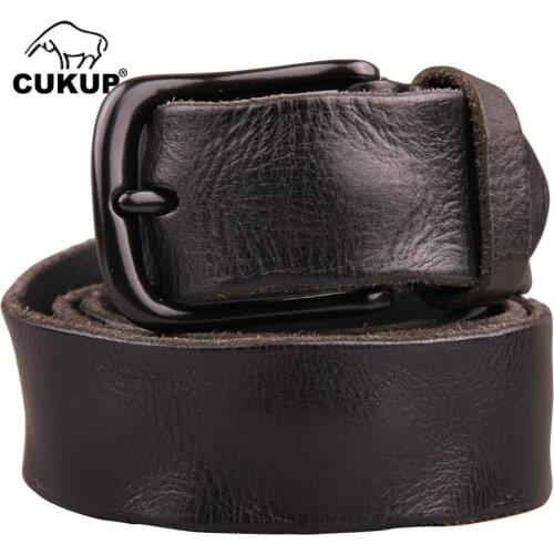 CUKUP Top Quality Wrinkle Pattern Cow Skin Leather Belts Black Alloy Clasp Buckle Metal Belt for Men Jeans Accessories NCK096