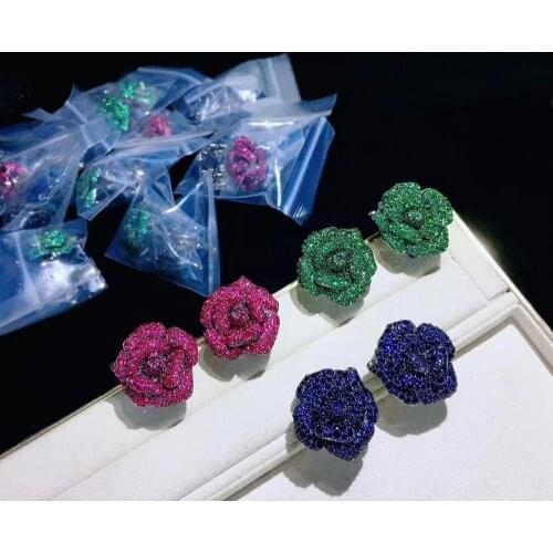 Rose flower stud earring cute romantic 23*24MM blue green red color 925 sterling silver cubic zircon fine women jewelry