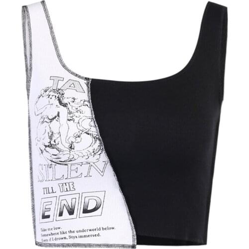 Harajuku Crop Top Women Sleeveless Y2K Splicing Printed T Shirts Casual Summer Off Shoulder O Neck Tank Top Vintage Fashion Vest