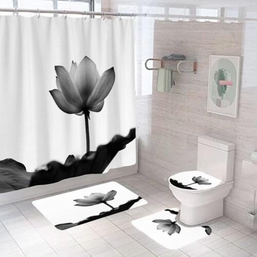 Black Grey Lotus Shower Curtain Modern Bathroom Set Fashion Pattern Bath Curtains Non Slip Toilet Cover Floor And Mat Rug Sets