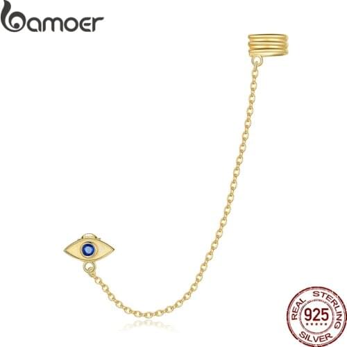 Bamoer 1 pc Long Chain Ear Cuff 925 Sterling Silver Earrings for Women Eye and Clip Eearrings Fashion Jewelry Brincos SCE1096