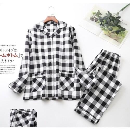 100% Cotton Women Pajamas Set Full Sleeve T-shirt Long Pants 2Piece/Set Casual Pyjama Big Size Mom Homewear Cozy Plaid Sleepwear