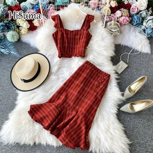 HISUMA 2020 summer new female strap plaid ruffles buttons chiffon shirts high waist fishtail skirt suit womens set 2 piece sets