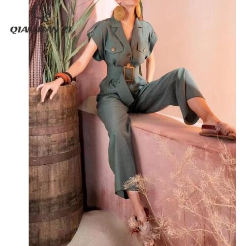 Qian Han Zi high-end fashion runway womens jumpsuit Lapel short sleeves vintage Buttons belt Cargo Pants Jumpsuits