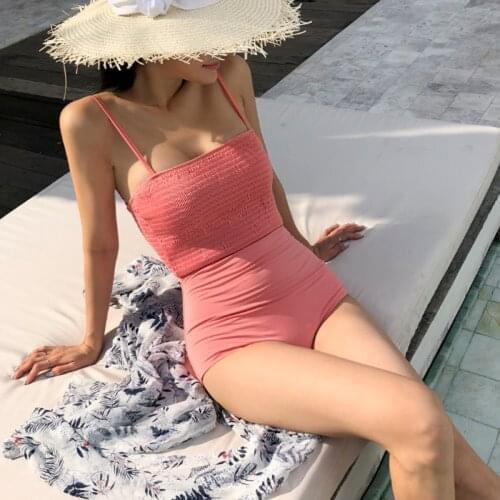 Korean Womens One Piece Swimsuit Pink Halter Padded Wireless Cute Monokini High Cut Bathing Suit Swimwear
