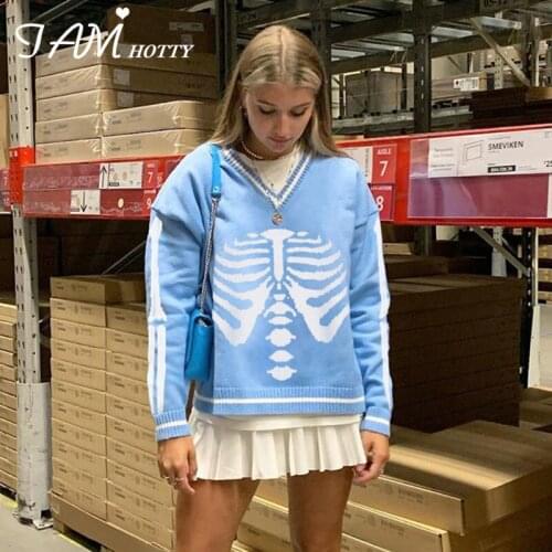 Y2k Oversized Sweater Women Sternum Printed Harajuku Pullovers V-neck Knitted Jumper Aesthetic Knitwear Retro Tops Fall Iamhotty