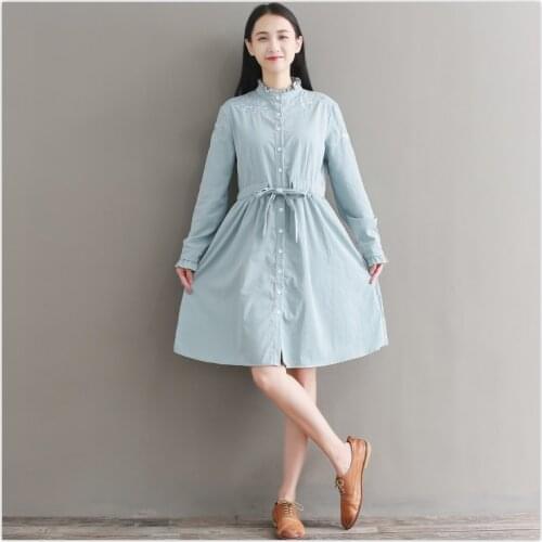 Latest fashion women autumn dress 2018 long sleeve floral embroidered long cotton ladies dress