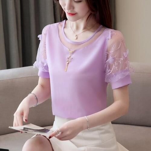 2021 Chiffon Shirt Short-sleeved Womens Korean Sweet Ladies Puff Sleeve Dropshipping Solid Beading Female Plus Size 3XL 0149