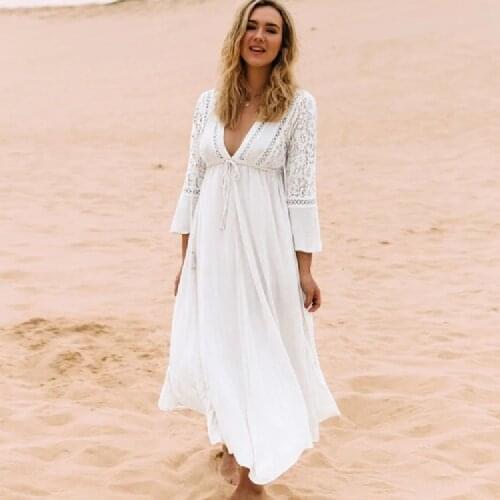 2021 White Rayon Beach Long Dress Swimwear Tunics Kaftan Beach Dress Beachwear Cover ups Robe de Plage Saida de Praia #Q274