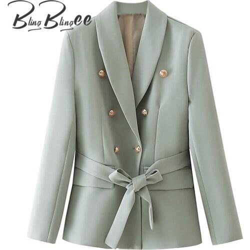 BlingBlingee OL Style Summer Autumn Green Casual Blazers Long Sleeve Metal Double Breasted Slim Women Suit Jacket with Sashes