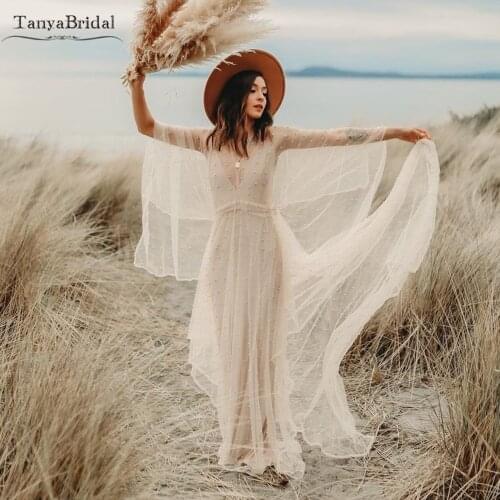 Flare Sleeve Boho Wedding Dresses Pearls A Line Adjustable Wasit Bridal Gowns Flutter Engagement Noivas DW535