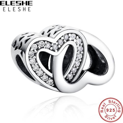 ELESHE 925 Sterling Silver Interlocking Love Heart Charm Clear CZ Beads Fit Original Bracelet Necklace Authentic Jewelry Making