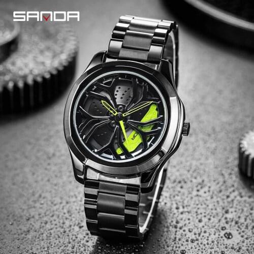 SANDA Mens Luxury Quartz Watch Creative Wheel Sports Watch Steel Band Waterproof Military Contour Watch Relogio masculino