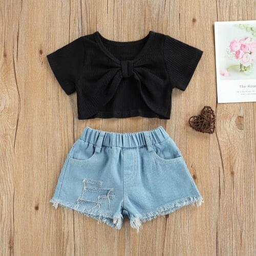 1-6Y Fashion Girls Clothes Sets Black Bow T-shirt Hole Denim Shorts 2pcs Outfits Summer Children Clothing