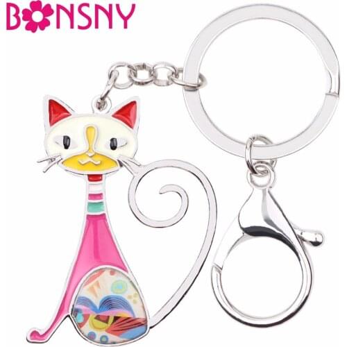 Bonsny Enamel Metal Cat Kitten Key Chains Keychains Rings Fashion Animal Jewelry For Women Girls Gifts Handbag Charms Car Holder