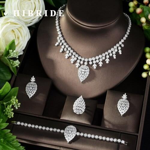 HIBRIDE Trend New Jewelry Set Shiny Cubic Zirconia Wedding Bridal Jewelry 4pcs Set pull necklace bracelet Rings Adjustable N-982