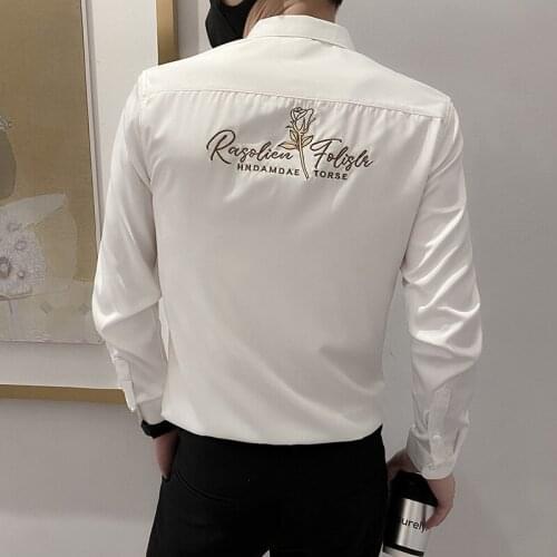 Hot Autumn New Letter Embroidery White Shirt Men Clothing Simple Long Sleeve Slim Fit Casual Blouse Homme Streetwear Tuxedo 3XL
