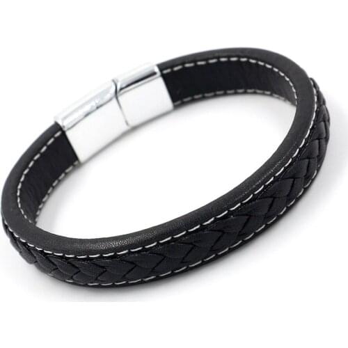 OL Style Stainless Steel Charm Magnetic Black Men Bracelet Leather Genuine Braided Punk Rock Bangles Jewelry Accessories Friend