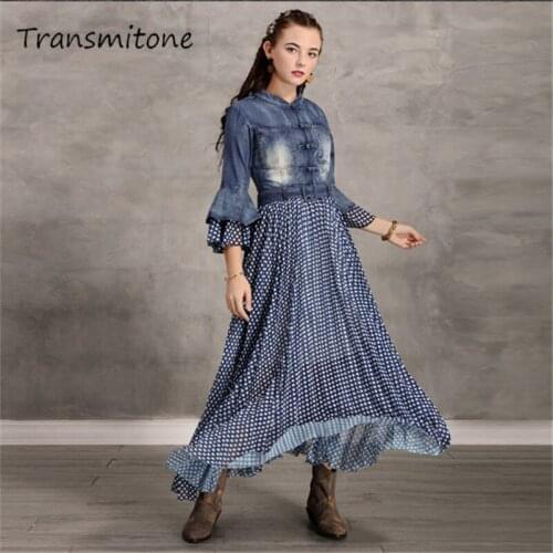 Autumn Denim Womens Dress 2019 Vintage Polka Dots Patchwork female Dresses Flare Sleeve Vestidos Women New Long Dress K82185