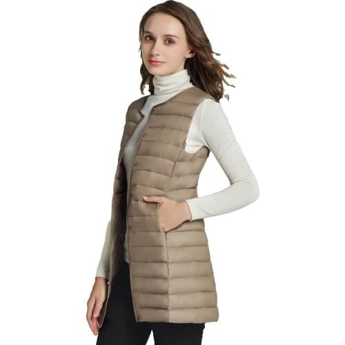 Womens round neck down vest mid-length autumn and winter new style Korean collarless lightweight down jacket female jacket