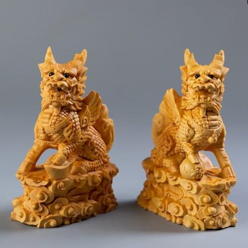 Boxwood 10cm Kirin Sculpture Chinese Unicorn God Beast Animal Wood Statue Lucky Home Decor