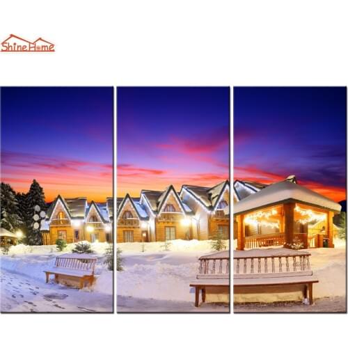 ShineHome-3pcs Wall Art Canvas Printing Painting Triptych Modular Winter Snow Houses Pictures Prints for Living Room Decoration