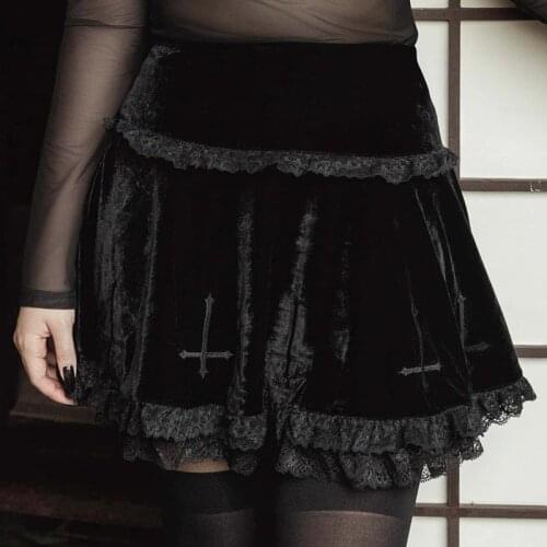 Ruibbit New Goth Cross Black Skirt Vintage Lace Trim A Line Mini Skirt Gothic Grunge Y2K High Waist Ruffle Summer Skirt Women