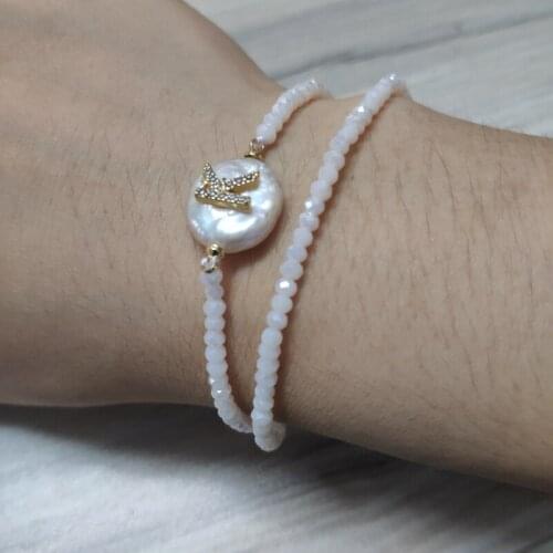Charm natural freshwater pearl white cz initial 26 alphabet letter name beige glass beaded double layers bracelet for women 2020