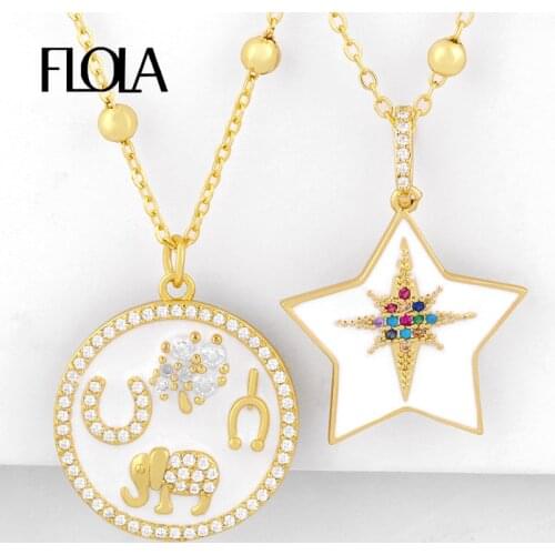 FLOLA Gold Filled Elephant Necklaces For Women Crystal Enamel Star Necklaces CZ Multicolor Statement Jewelry Accessories nkeq63