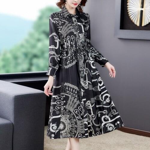 Spring Autumn Black Print Mulberry Silk Midi Dress 2021 Vintage Casual Beach Shirt Dresses Women Elegant Bodycon Party Vestidos