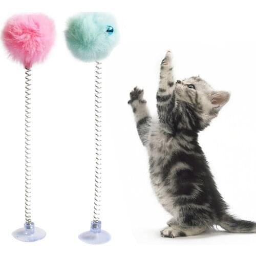 2PCS Cat Teaser Wand Interactive Pompom Bell Spring Suction Cup Cat Wand Cat Toy Training Toys Cat Funny Favor Toy for Pet