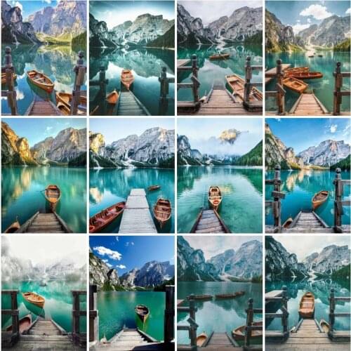 AZQSD 5D Diy Diamond Painting Mountain Boat Scenery Diamond Embroidery Mosaic Lake Rhinestones Pictures Landscape Decors Gift