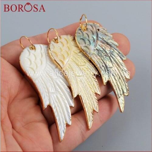 BOROSA Gold Color Natural Rainbow Shell Carved Wing Charm Druzy Charm for Pendant for Women Fashion Jewelry G1181
