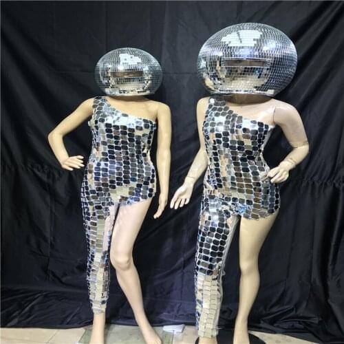 DC111 Sexy dj stage show wear led helmet silver mirror dresses catwalk performance party clothe ballroom dance costumes bodysuit