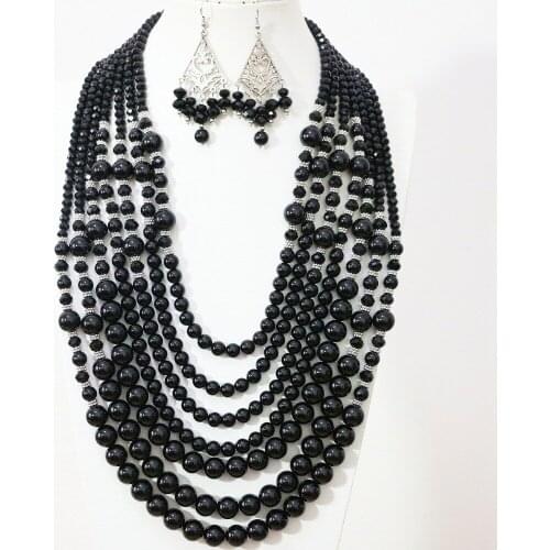 Elegant black round shell baking paint glass abacus crystal 7 rows necklace earrings women ceremony gift jewelry B1306