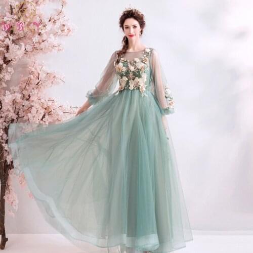 Walk Beside You Green Prom Dresses Stock Long Sleeve Sheer Neck Lace Applique Floral Long A Line Tulle Evening Gowns for Women