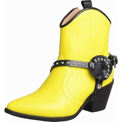 Square Heel Short Booties Pointed Toe Zip Up Cow Leather Shoes Chunky Heels Western Rivet Fashion Casual Boots Fall Winter Shoes