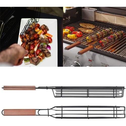 Metal Iron Wood Handle BBQ Grill Mesh Net Basket Non-stick Heat Resistant Meat Vegetable Barbecue Baking Tool BBQ Accessories