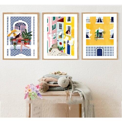 Lisbon Building Girl Poster Window Plant Canvas Painting City Street Print Wall Art Yellow Architecture Travel Picture Home