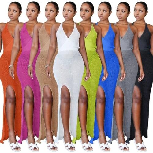 Sexy V Neck Knitted Party Dress Women See Through Beach Wear Summer Backless Sling Long Dresses Bandage Split Night Clubwear