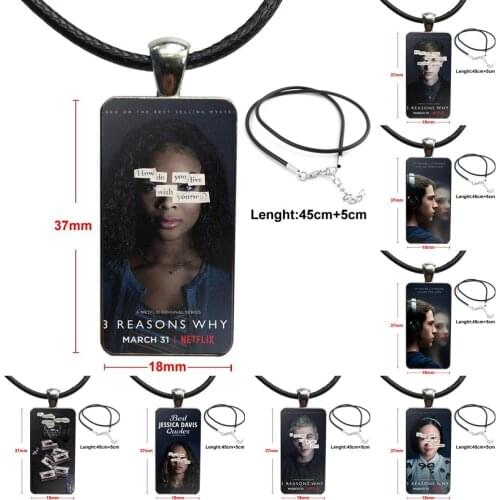 Thirteen 13 Reasons Why For Kids Beads Necklace With Steel Plated Glass Cabochon Choker Long Pendant Rectangle Necklace