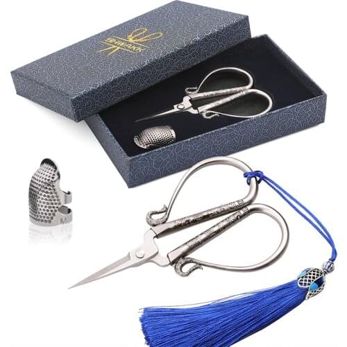 SHWAKK Stainless Steel Vintage Scissors Sewing embroidery scissors Fabric Cutter with Tassel Thimble for Embroidery Needlework