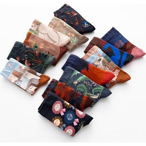 Funny Middle Short Crew Cotton Socks Cartoon Woman Smoker Bear Two Face Double Faced Man Cheetah Lattice Cartoon Print Sheep Sox