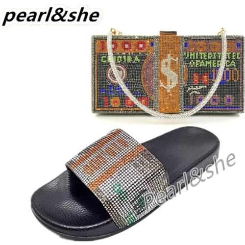 New Women Dollar Rhinestone Platform Slippers and Bag Lady Non-Slip Slides Fashion Bling All-Match Sandals Soft Flat Flip Flops