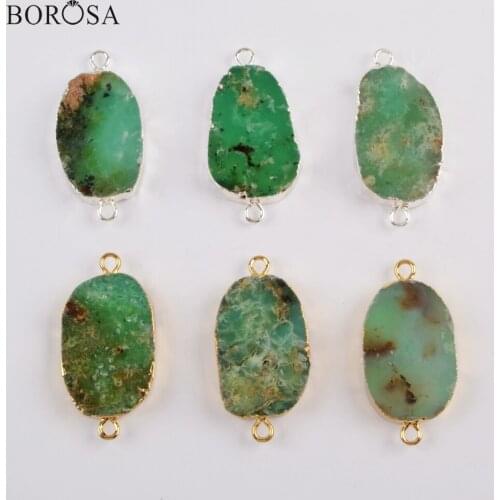 BOROSA 5PCS Natural chrysoprase Jades Connectors Green Stones Silver Plated Double Charms Women Bracelet Boho Wrap Bracelets