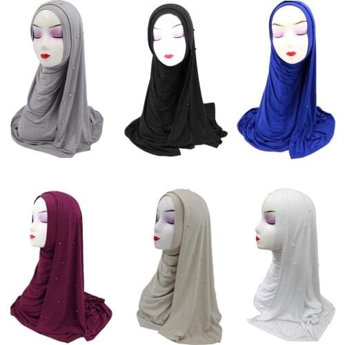 Women Modal Beaded Scarf Plain Hijab Muslim Pearls Scarve Shawls Head Wrap Stole Shawl Headscarf Arab Islamic Turban 170*70CM