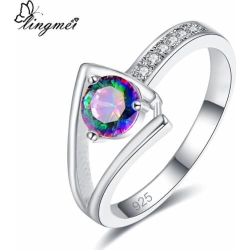 Lingmei Wholesale Simple Wedding Bridal RedWhiteRainbow Cubic Zircon Jewelry Silver Color Ring Size 6-9 Christmas