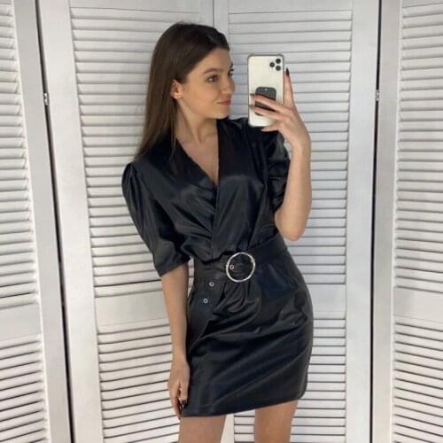 Women Vintage PU Deep V Neck A Line Mini Dress Solid Short Sleeve Sashes Elegant Prom Dress 2021 Spring New Fashion Women Dress