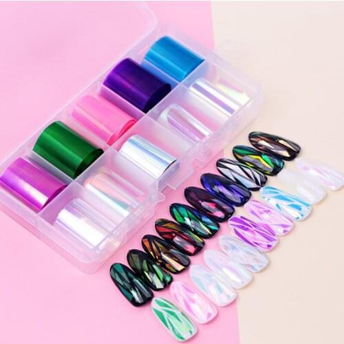 10 Pieces/Box Holographic Nail Foil Set Mixed Colorful Aurora Sticker Glass Transfer Nail Foil Stickers Decals