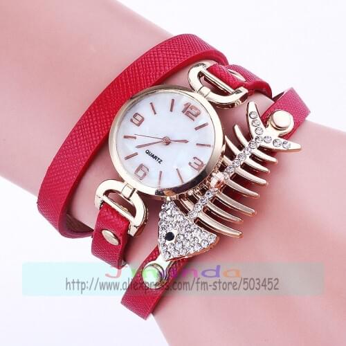100pcs/lot fashion fishbone crystal leather watch for women candy color belt bracelet watch elegance quartz wrap around watch